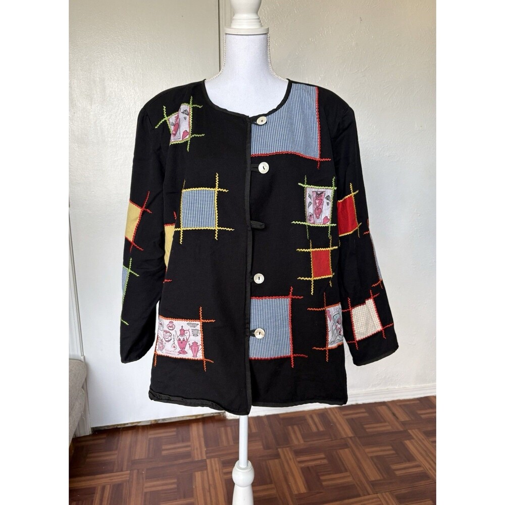 Maggie Barnes Black & Multicolor Embroidered Patchwork Button Up Jacket Size 3X